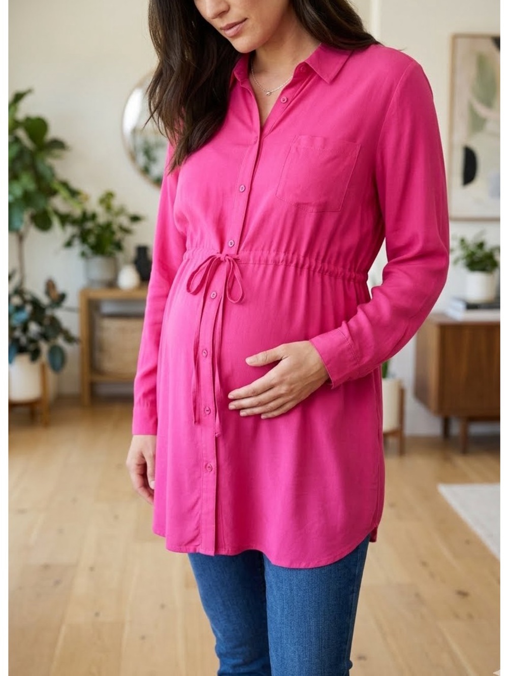 A Pea in the Pod Hot Pink Button Front Drawstring Maternity Shirt Size L Preppy